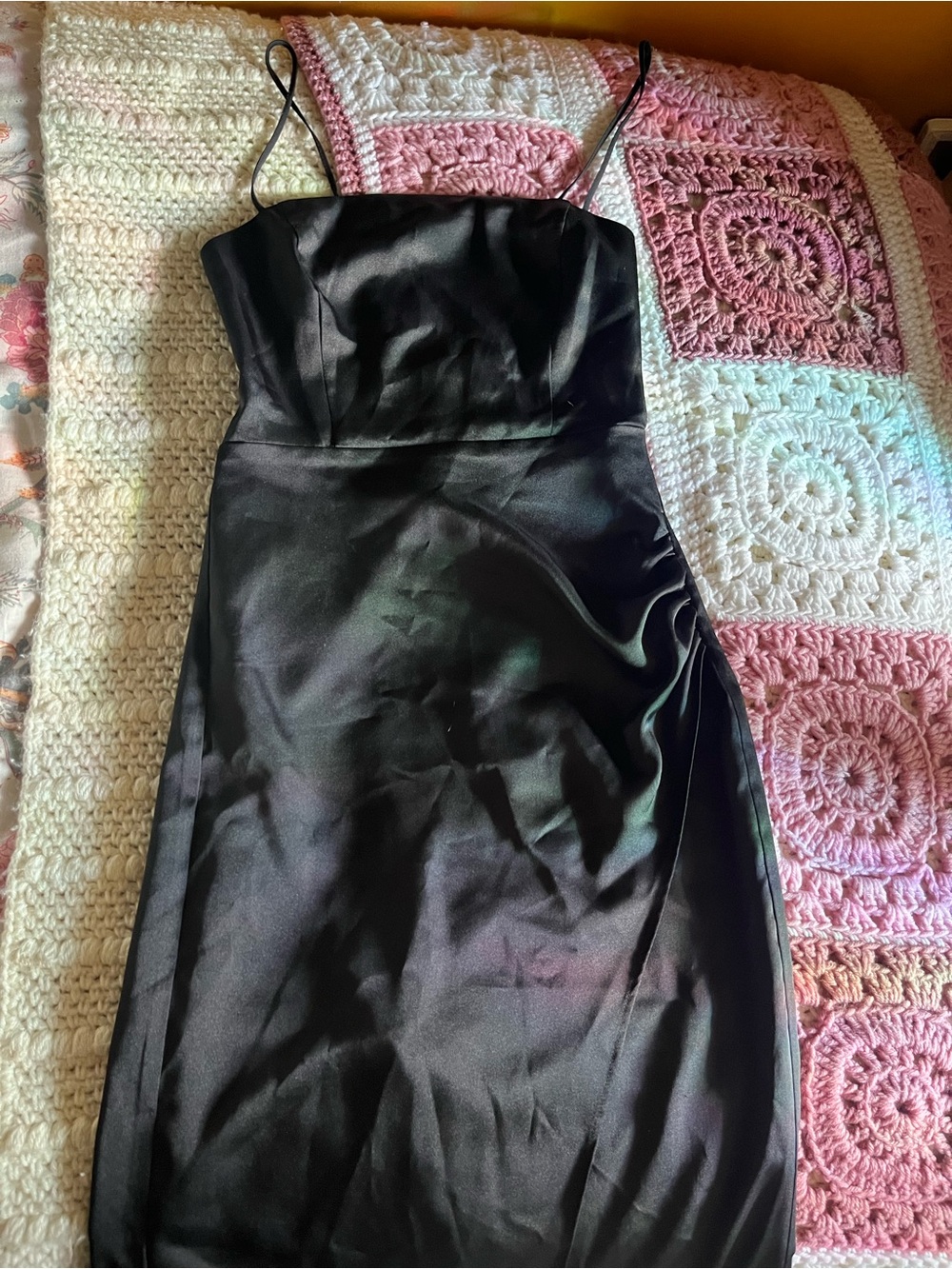 Zara Black Satin Dress with Slim Spaghetti Straps
